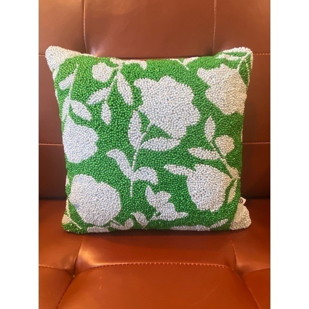Kate Spade New York Target Beaded Floral Throw Pillow Green Baby Blue 12" Square